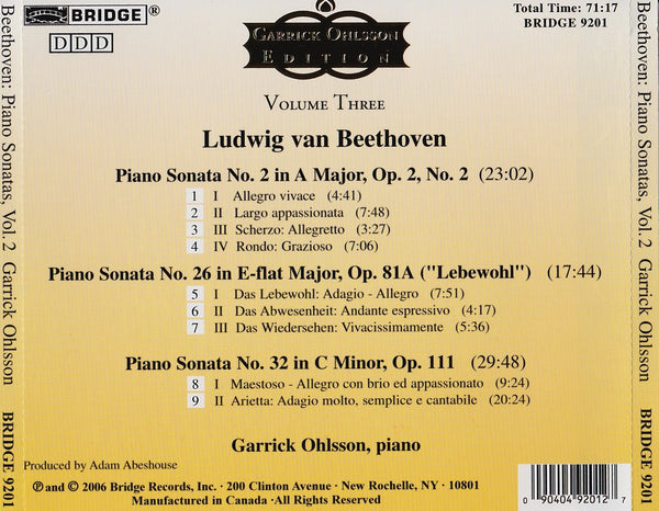 Garrick Ohlsson Beethoven Sonatas, Vol. 2 BRIDGE 9201